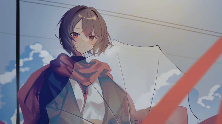 1girl blush brown_hair closed_mouth clouds day highres hyuuga_(kancolle) japanese_clothes kantai_collection kazeshio looking_at_viewer outdoors red_eyes red_scarf scarf short_hair sky solo umbrella upper_body