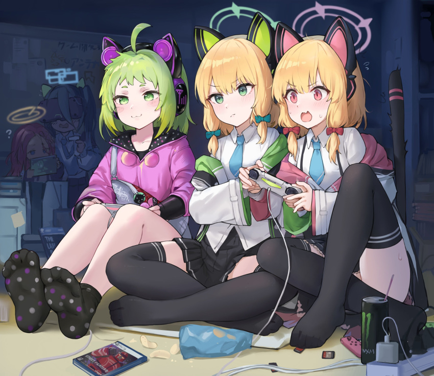 5girls :3 absurdres ahoge animal_ear_headphones animal_ears antenna_(dohna_dohna) aris_(blue_archive) black_skirt black_socks black_thighhighs blonde_hair blue_archive blue_necktie blush_stickers cat_ear_headphones cat_tail chips_(food) collared_shirt commentary controller crossover dohna_dohna_issho_ni_warui_koto_o_shiyou drinking_straw electrical_outlet fake_animal_ears fang flying_sweatdrops food game_controller game_development_department_(blue_archive) green_eyes green_hair halo headphones highres holding holding_controller holding_game_controller indian_style knees_up looking_afar midori_(blue_archive) momoi_(blue_archive) monster_energy multiple_girls necktie playing_games pleated_skirt potato_chips red_eyes sawkm school_uniform sd_card shirt short_hair sitting skin_fang skirt socks sweatdrop tail tail_raised thigh-highs v-shaped_eyebrows yuzu_(blue_archive)