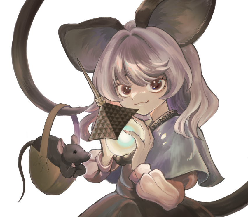 1girl absurdres animal animal_ears bishamonten's_pagoda black_dress capelet closed_mouth dress fingernails grey_capelet grey_hair highres holding long_sleeves mouse mouse_ears mouse_tail nazrin red_eyes revision short_hair simple_background solo tail touhou umebitan upper_body white_background