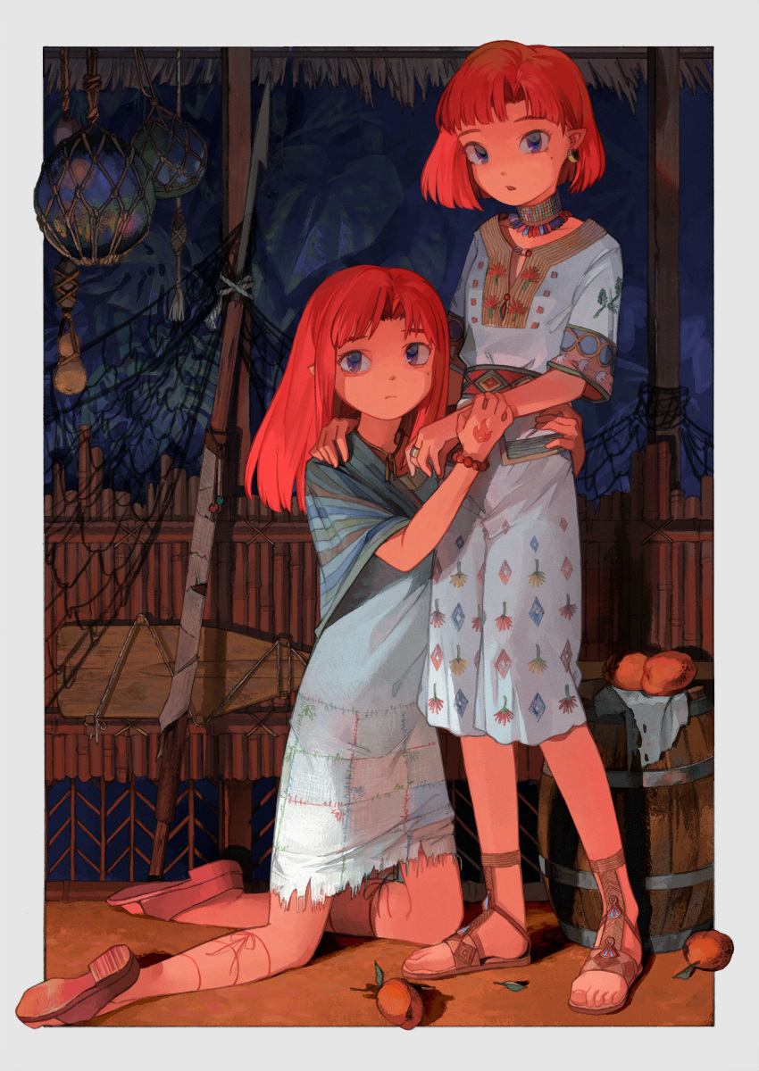 2girls absurdres bare_legs barrel blue_dress blue_eyes border bracelet dress food fruit highres jewelry kneeling kumomachi long_hair looking_at_viewer mole mole_under_eye multiple_girls necklace original patchwork_clothes pointy_ears print_dress redhead ring sandals short_hair short_sleeves siblings sisters standing twins white_border