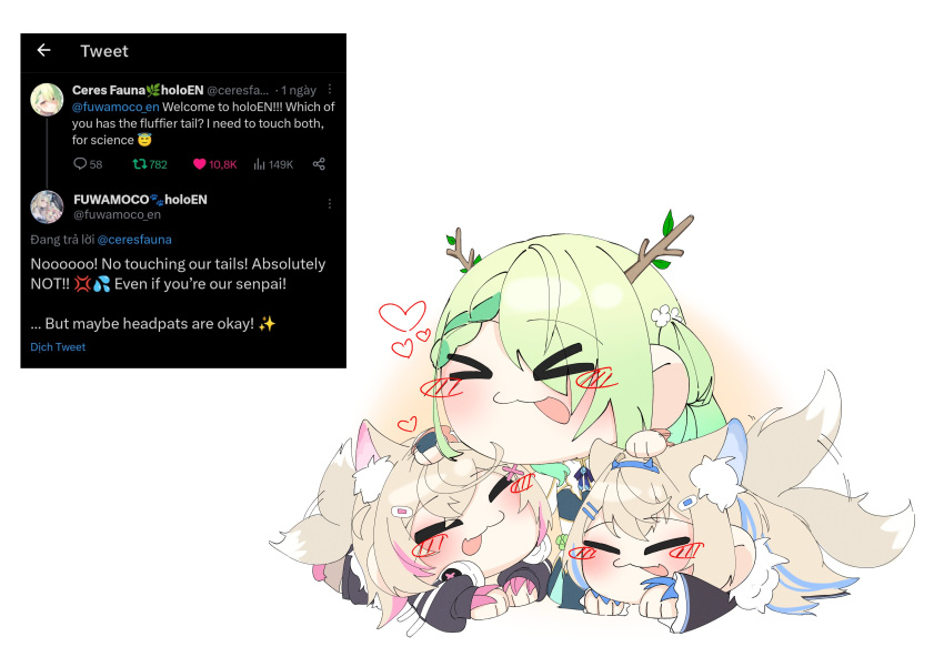 3girls :3 absurdres animal_ear_fluff animal_ears black_jacket blonde_hair blue_hair blush ceres_fauna ceres_fauna_(1st_costume) chibi closed_eyes closed_mouth commentary dog_ears dog_girl dog_tail flower fur-trimmed_jacket fur_trim fuwawa_abyssgard green_hair hair_flower hair_ornament hairpin headpat heart highres hololive hololive_english jacket long_hair medium_hair mika_zzuki mococo_abyssgard multicolored_hair multiple_girls pink_hair streaked_hair symbol-only_commentary tail tail_wagging tongue tongue_out tweet twitter virtual_youtuber white_background x_hair_ornament