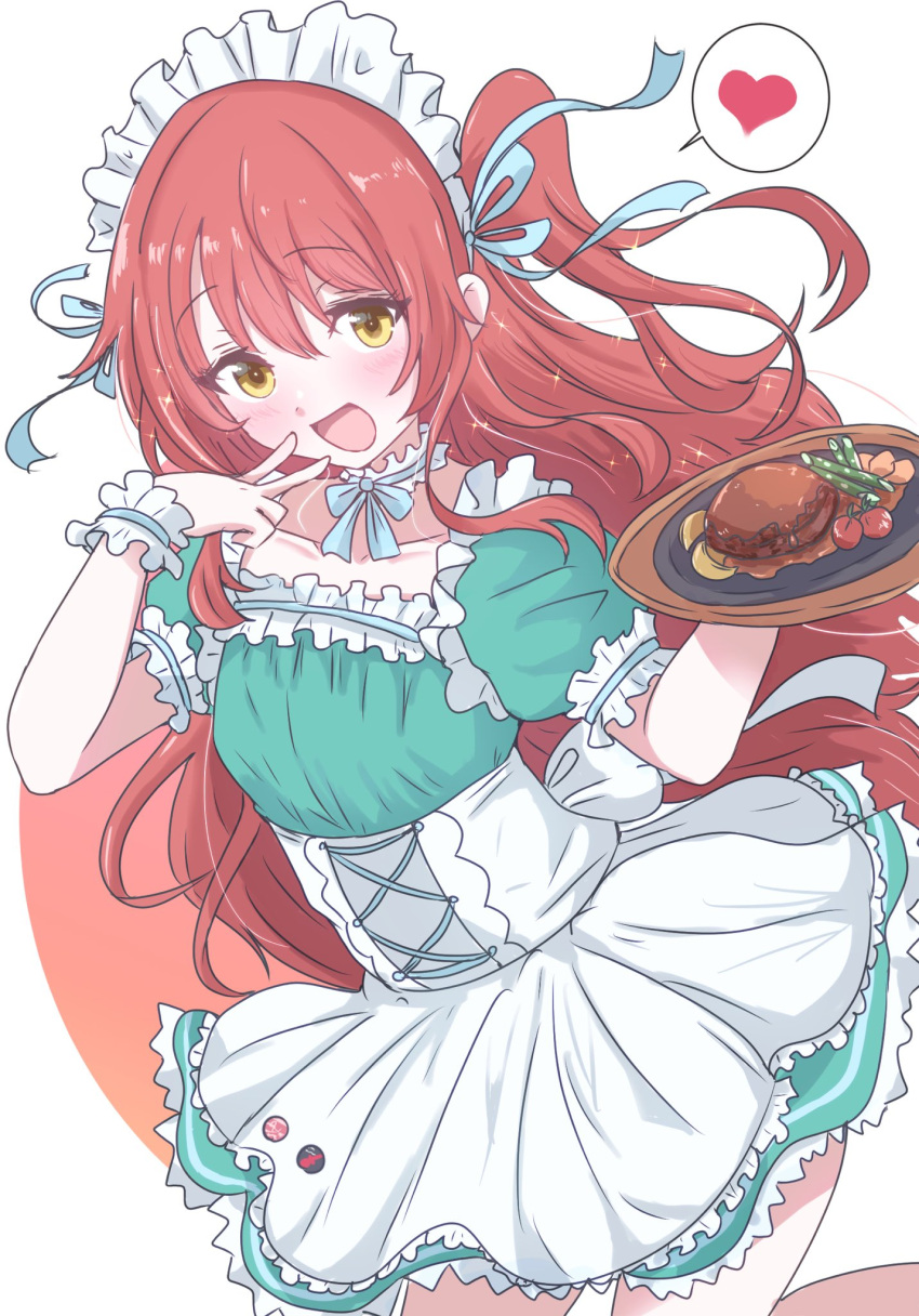 1girl :d alternate_costume apron blue_ribbon blush bocchi_the_rock! breasts collarbone cowboy_shot dot_nose dutch_angle enmaided food frilled_apron frilled_skirt frills giorgio_(yo_sumire_sola1) green_shirt green_skirt hair_between_eyes hair_ribbon hand_up heart highres holding holding_tray kita_ikuyo looking_at_viewer maid maid_headdress one_side_up open_mouth puffy_short_sleeves puffy_sleeves raised_eyebrows redhead ribbon shirt short_sleeves sidelocks skirt small_breasts smile solo spoken_heart tray v_over_mouth white_apron white_wrist_cuffs yellow_eyes