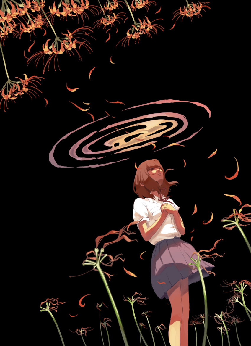 1girl :| black_background blue_skirt blunt_bangs brown_eyes brown_hair closed_mouth collared_shirt dutch_angle expressionless falling_petals feet_out_of_frame floating_clothes flower hands_on_own_chest highres legs_together long_bangs looking_up medium_hair miniskirt orange_flower original own_hands_together petals pleated_skirt school_uniform shirt short_sleeves sidelocks simple_background skirt solo taizo4282 white_shirt