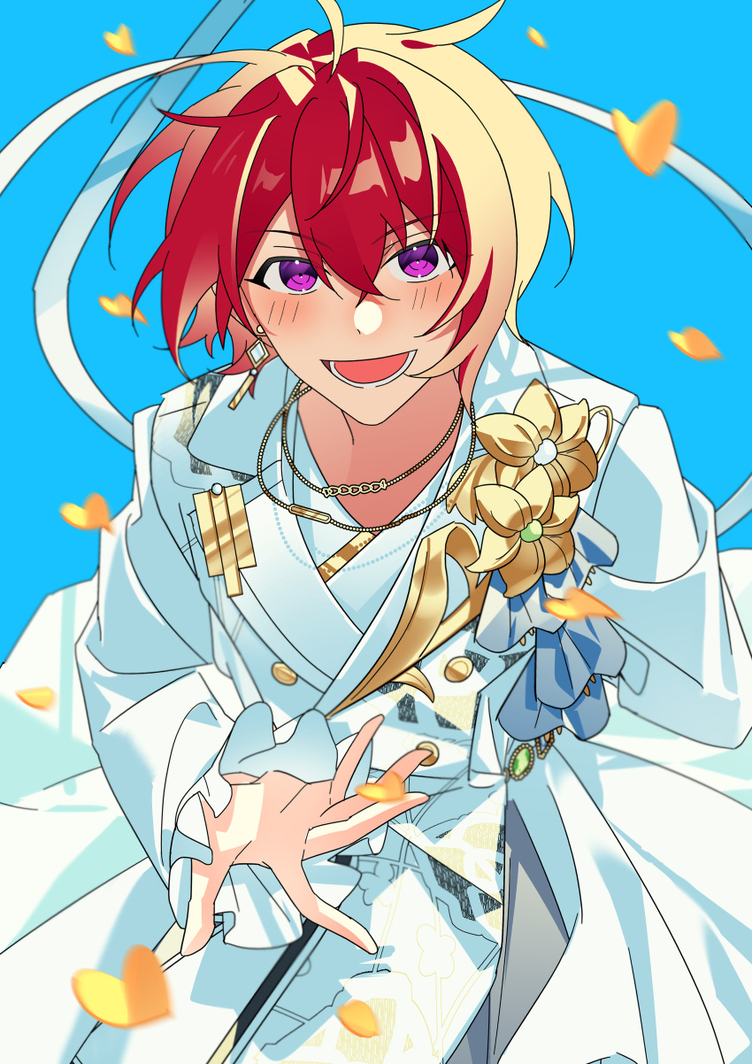 1boy absurdres blue_background blush buttons commentary earrings ensemble_stars! flower gold_necklace heidbd highres jewelry lapels long_sleeves lower_teeth_only male_focus necklace notched_lapels open_mouth redhead short_hair single_earring solo suou_tsukasa teeth violet_eyes