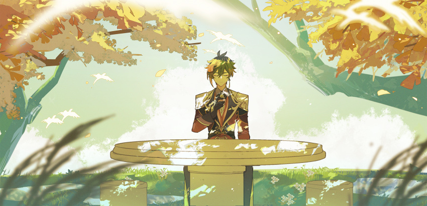 1boy bird black_gloves closed_eyes closed_mouth coat cup earrings flower genshin_impact gloves gurugnsn hair_between_eyes highres holding holding_cup jewelry leaf male_focus outdoors single_earring sitting solo stool table tassel tassel_earrings tree white_flower zhongli_(genshin_impact)
