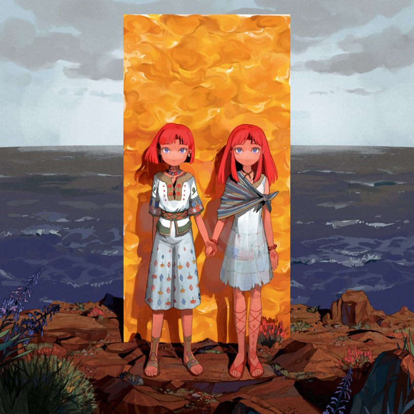 2girls absurdres bare_legs blue_eyes blunt_ends clouds cloudy_sky day dress grey_sky highres holding_hands horizon kumomachi long_hair looking_at_viewer medium_hair mole mole_under_eye multiple_girls ocean original outdoors overcast plant print_dress redhead rock sandals shadow short_hair short_sleeves siblings side-by-side sisters sky twins water white_dress wide_shot