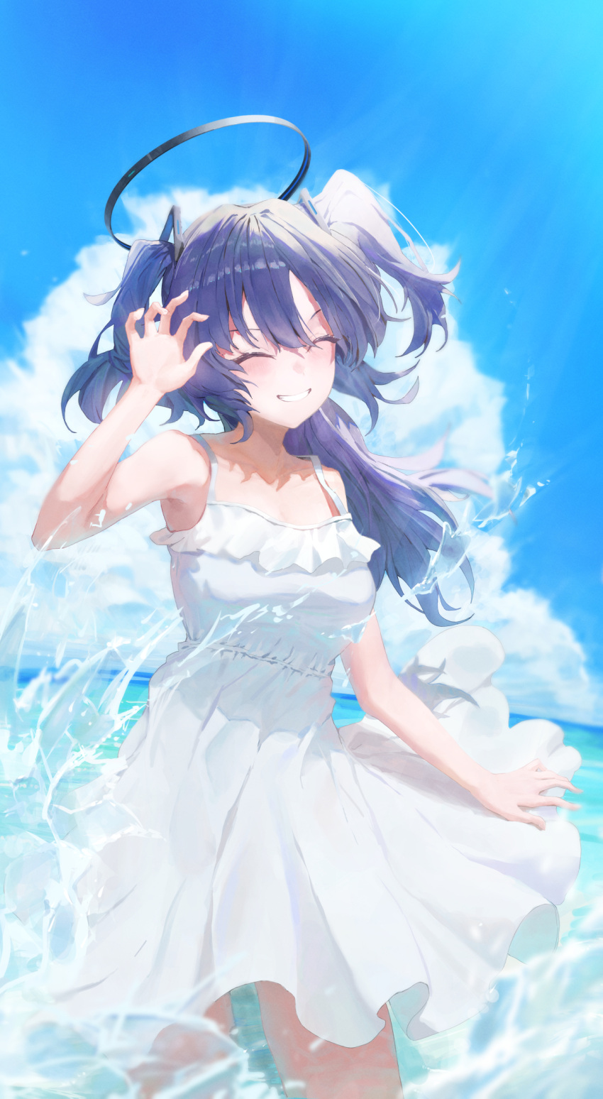 1girl alternate_costume bare_arms bare_shoulders blue_archive blue_sky blush closed_eyes clouds commentary_request dress frilled_dress frills grin halo highres long_hair mechanical_halo ocean outdoors ponzueaka sky sleeveless sleeveless_dress smile solo standing sundress sunlight two_side_up v-shaped_eyebrows wading white_dress yuuka_(blue_archive)