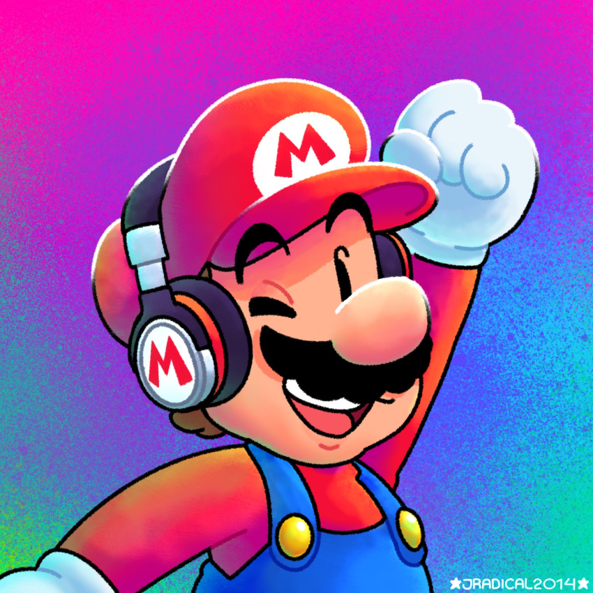 1boy arm_up big_nose black_eyes black_headphones blue_overalls buttons cabbie_hat chin clenched_hand deviantart_username facial_hair gloves hat highres jradical2014 letter long_sleeves looking_at_viewer mario mustache nintendo one_eye_closed open_mouth overalls profile_picture rainbow_background red_headwear red_shirt shirt smile solid_oval_eyes super_mario_bros. teeth thick_eyebrows upper_body upper_teeth_only white_gloves