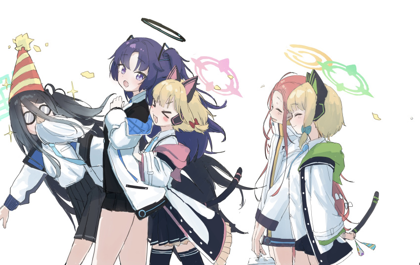 &gt;_&lt; 5girls :d animal_ear_headphones animal_ears aris_(blue_archive) black_skirt black_thighhighs blonde_hair blue_archive blue_hair blue_necktie bow cat_ear_headphones cat_tail closed_eyes collared_shirt commentary_request dark_blue_hair fake_animal_ears fake_facial_hair fake_mustache fake_nose formal frilled_jacket frills funny_glasses game_development_department_(blue_archive) glasses green_bow hair_between_eyes hair_bow halo hat headphones highres holding_party_popper hood hooded_jacket jacket long_hair medium_hair midori_(blue_archive) miniskirt momoi_(blue_archive) multicolored_clothes multicolored_jacket multiple_girls necktie no_gloves off_shoulder one_side_up open_clothes open_jacket parted_bangs party_hat party_popper pleated_skirt purple_hair pushing red_bow redhead shirt shorts siblings sidelocks simple_background sisters skirt smile suit suspenders syupon tail thigh-highs twins very_long_hair violet_eyes white_background white_jacket white_shirt wide_sleeves xd yuuka_(blue_archive) yuzu_(blue_archive)