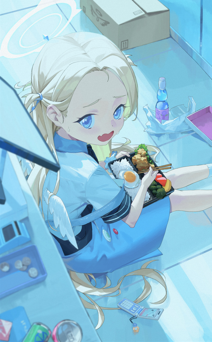1girl @_@ absurdres apron bento blonde_hair blue_apron blue_archive blue_ribbon box can cardboard_box cellphone chopsticks coin collared_shirt egg_(food) fang feet_out_of_frame flip_phone food forehead from_above hair_ribbon halo highres holding holding_chopsticks li-mi long_hair looking_at_viewer open_mouth parted_bangs phone ramune ribbon scrunchie shirt short_sleeves sitting skin_fang solo sora_(blue_archive) sweat two_side_up white_shirt white_wings wings wrist_scrunchie