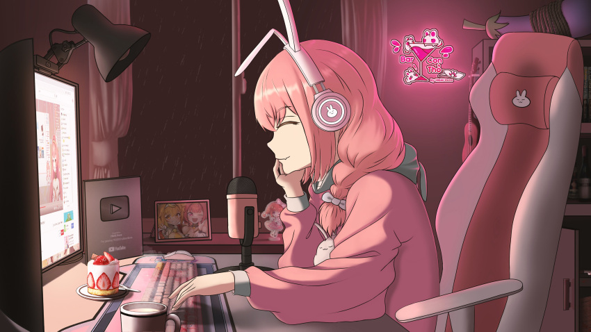1girl absurdres akatsuki_banmai cake chair closed_eyes closed_mouth computer cup curtains eggplant english_commentary food fruit gaming_chair headphones hibiki_du_ca highres keyboard_(computer) lamp monitor mouse_(computer) nijigen_project picture_frame pink_hair potatoc96030882 rain smile strawberry swivel_chair virtual_youtuber window youtube_logo