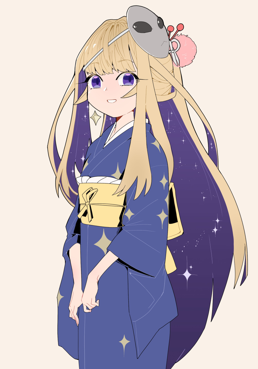 1girl absurdres amanogawa_shiina blonde_hair blue_kimono blunt_bangs colored_inner_hair grey_mask hair_ornament hair_stick highres japanese_clothes jushikuroni kimono long_hair looking_at_viewer mask mask_on_head multicolored_hair obi obijime own_hands_together phase_connect sash sidelocks smile solo space_print star_(symbol) starry_sky_print very_long_hair violet_eyes virtual_youtuber