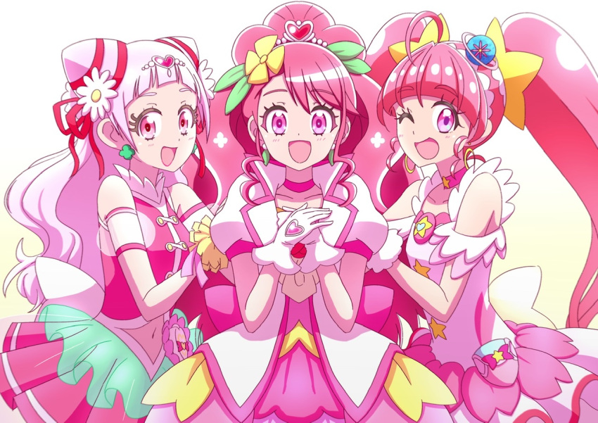 3girls :d ;d ahoge asymmetrical_bangs back_bow big_hair bow bubble_skirt choker clothing_cutout color_connection cone_hair_bun cure_grace cure_star cure_yell cut_bangs double_bun dress earrings flower gloves hair_bow hair_bun hair_flower hair_ornament hanadera_nodoka hands_on_another's_shoulders healin'_good_precure heart heart_hair_ornament hoshina_hikaru hugtto!_precure jacket jewelry long_hair looking_at_viewer multiple_girls navel_cutout nono_hana one_eye_closed open_mouth own_hands_together pink_choker pink_eyes pink_hair pleated_dress pom_pom_(clothes) pouch precure puffy_short_sleeves puffy_sleeves series_connection short_dress short_sleeves skirt sleeveless sleeveless_dress smile standing star_(symbol) star_choker star_twinkle_precure tiara twintails very_long_hair white_bow white_gloves white_jacket yellow_bow zerolay