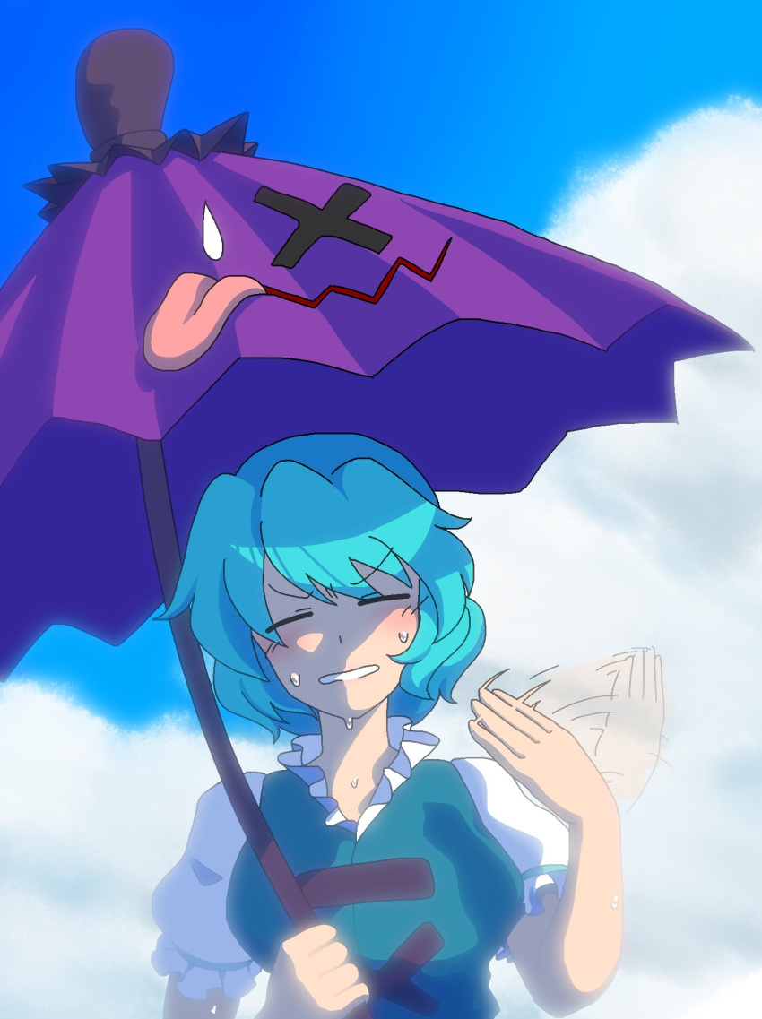 1girl blue_hair blue_sky blush breasts closed_eyes clouds commentary_request facing_viewer highres holding holding_umbrella outdoors purple_umbrella short_hair sky solo sweat tatara_kogasa touhou umbrella upper_body v-shaped_eyebrows yama_b