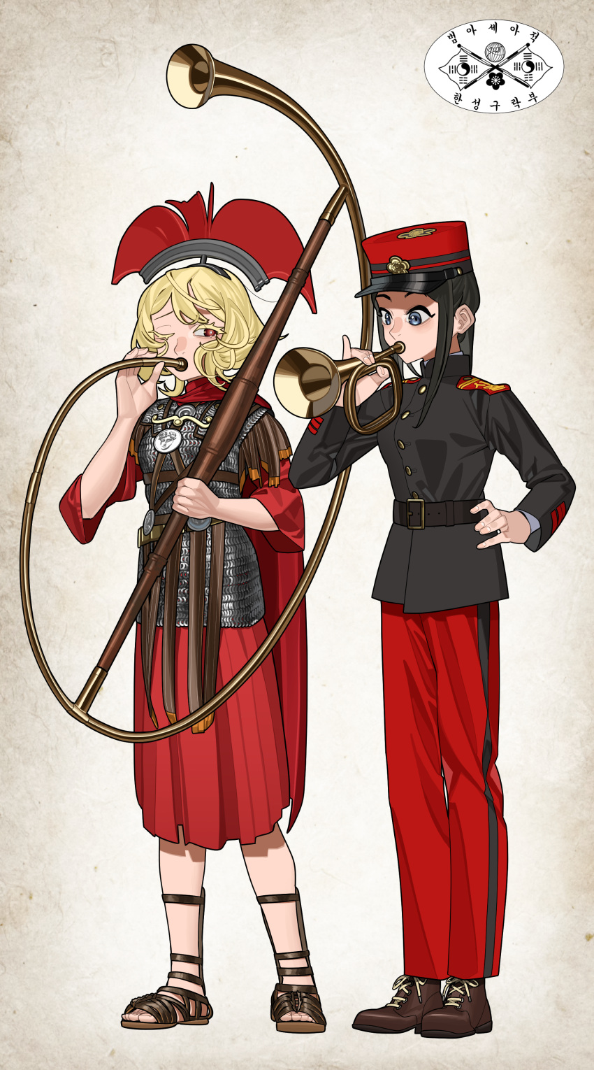 2girls absurdres armor belt black_belt black_coat black_hair blonde_hair borrowed_character brown_footwear cape centurii-chan chainmail coat colored_eyelashes cornu flag grey_eyes hand_on_own_hip hat highres holding holding_instrument instrument kepi korea military military_hat military_uniform multiple_girls one_eye_closed original pants plume pzkpfwi red_cape red_pants red_tunic roman_armor rose_of_sharon sandals short_hair trumpet uniform yin_yang