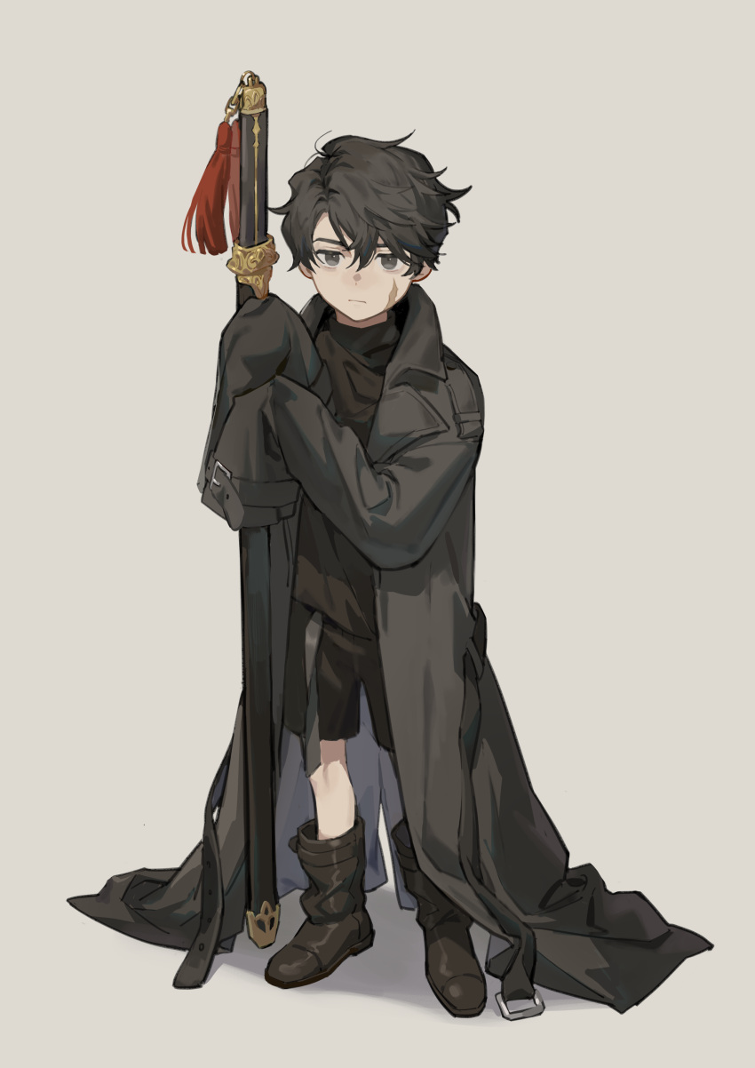 1boy absurdres aged_down akabane_yu ankle_boots black_coat black_footwear black_hair black_shorts black_sweater boots character_request child coat grey_background hair_between_eyes hands_up highres holding holding_sword holding_weapon long_sleeves looking_at_viewer male_child male_focus omniscient_reader's_viewpoint oversized_clothes scar scar_on_cheek scar_on_face sheath sheathed shorts simple_background sleeves_past_fingers sleeves_past_wrists solo standing sweater sword tassel turtleneck turtleneck_sweater weapon