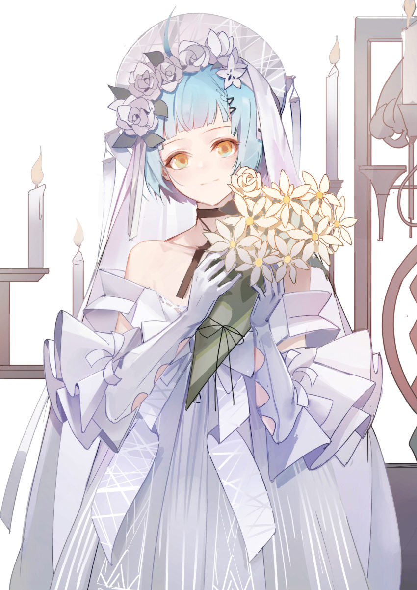 1girl absurdres ahoge bare_shoulders black_choker blue_hair bouquet candle choker closed_mouth collarbone commentary cowboy_shot dress elbow_gloves flower girls_frontline gloves hair_flower hair_ornament highres holding holding_bouquet looking_at_viewer luozhou_pile rose short_hair smile solo standing strapless strapless_dress veil wedding_dress white_dress white_flower white_gloves white_rose yellow_eyes zas_m21_(girls'_frontline)