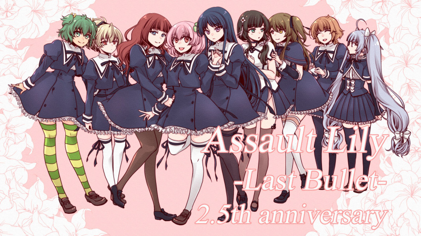 6+girls ahoge andou_tazusa anniversary antenna_hair arm_at_side arm_cutout arm_hug arms_at_sides assault_lily black_capelet black_footwear black_hair black_pantyhose black_ribbon black_skirt black_thighhighs blonde_hair blue_eyes blunt_bangs bow brown_footwear brown_hair brown_pantyhose brown_thighhighs capelet center_frills closed_eyes clothing_cutout clover_hair_ornament collared_shirt commentary_request copyright_name cropped_jacket detached_sleeves floral_background flower four-leaf_clover_hair_ornament frilled_shirt_collar frilled_skirt frilled_sleeves frills futagawa_fumi girl_sandwich green_eyes green_hair green_thighhighs grey_hair hair_between_eyes hair_bow hair_flower hair_ornament hair_ribbon hair_scrunchie hand_on_another's_arm hand_on_own_chest hand_up hands_up heterochromia high-waist_skirt highres hitotsuyanagi_riri holding holding_notepad holding_pen juliet_sleeves kaede_johan_nouvel kuo_shenlin leg_ribbon leg_up loafers long_hair long_sleeves looking_at_another looking_at_viewer looking_to_the_side low_ponytail mary_janes miniskirt miriam_hildegard_von_gropius multicolored_thighhighs multiple_girls neck_ribbon notepad one_side_up open_mouth orange_hair pantyhose parted_lips pen pink_background pink_hair pleated_skirt ponytail profile puffy_sleeves red_eyes ribbon sandwiched school_uniform scrunchie shirai_yuyu shirt shoes short_hair side_ponytail side_slit sidelocks skirt smile standing standing_on_one_leg striped striped_thighhighs takemiya_jin tassel tassel_hair_ornament teeth thigh-highs thigh_ribbon twintails two_side_up underbust upper_teeth_only very_long_hair violet_eyes wang_yujia wavy_hair white_bow white_flower white_scrunchie white_thighhighs yellow_eyes yellow_ribbon yellow_thighhighs yoshimura_thi_mai yurigaoka_girls_academy_school_uniform zettai_ryouiki