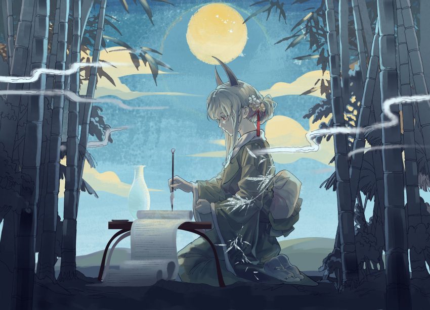 1girl absurdres bamboo calligraphy_brush chabudai_(table) closed_mouth clouds commentary_request ex-keine expressionless flower from_side full_body full_moon green_kimono grey_hair hair_flower hair_ornament hair_up highres holding holding_brush horns japanese_clothes kamishirasawa_keine kimono kneeling long_hair long_sleeves moon night no_shoes paintbrush profile red_eyes scroll socks solo table touhou vase white_flower white_socks wide_sleeves yongyu366