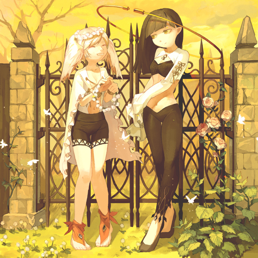 2girls absurdres bare_legs barefoot black_footwear black_hair black_pants black_shorts blunt_bangs breasts bug butterfly flower frilled_sleeves frills gate halo highres kumomachi long_hair long_sleeves midriff multiple_girls navel no_bra original pants parted_lips pink_flower pink_rose plant rose shoes shorts sky small_breasts smile tree white_hair yellow_sky yellow_theme