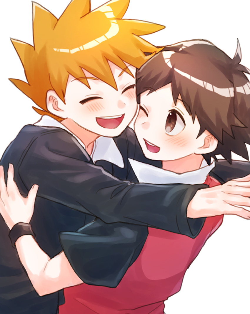 2boys :d ;d black_jacket blonde_hair blue_oak blush brown_eyes brown_hair closed_eyes collared_shirt commentary_request highres hug jacket looking_at_viewer male_focus mochi_(mocchi_p_2m) multiple_boys one_eye_closed open_mouth pokemon pokemon_(game) pokemon_hgss red_(pokemon) shirt short_hair short_sleeves smile spiky_hair teeth tongue upper_body upper_teeth_only white_background white_shirt wristband