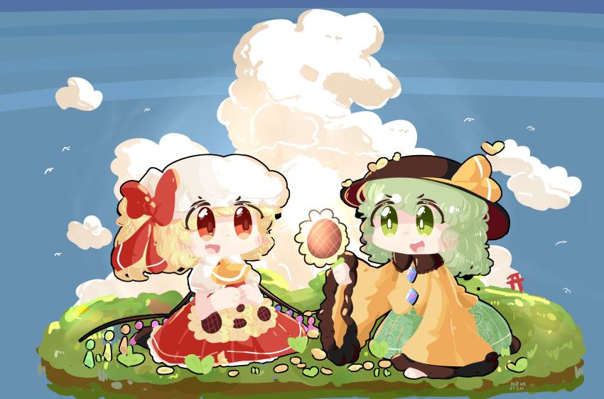 2girls absurdres ascot black_headwear blonde_hair blue_sky blush_stickers bright_pupils buttons chibi chinese_commentary clouds collared_shirt commentary_request day diamond_button dress fang flandre_scarlet flat_chest floral_print flower frilled_sleeves frills green_eyes green_skirt grey_hair hat hat_ribbon highres hzui komeiji_koishi long_sleeves medium_hair mob_cap multiple_girls no_sclera open_mouth outdoors puffy_short_sleeves puffy_sleeves red_dress red_eyes red_ribbon ribbon round_teeth shirt short_sleeves sitting skirt sky smile sunflower teeth touhou upper_teeth_only white_headwear white_pupils white_shirt wide_sleeves wings yellow_ascot yellow_ribbon yellow_shirt