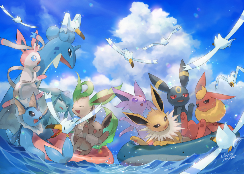 bird blue_eyes character_print clouds commentary_request day eevee espeon flareon flying glaceon highres innertube jolteon kikuyoshi_(tracco) lapras leafeon no_humans open_mouth outdoors pokemon pokemon_(creature) signature sky sylveon umbreon vaporeon wailmer water wingull