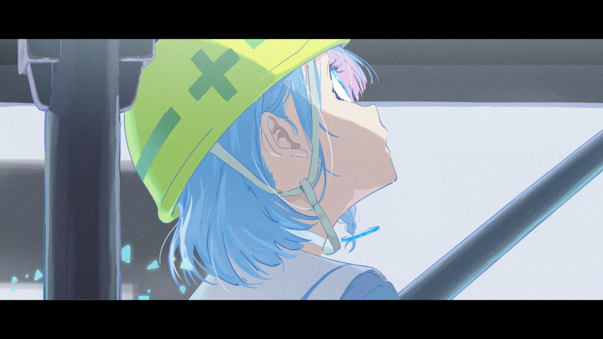 1girl arona_(blue_archive) blue_archive blue_eyes blue_hair bonsai_403 braid close-up hardhat helmet highres letterboxed looking_up multicolored_hair pink_hair profile sailor_collar side_braid solo two-tone_hair white_sailor_collar