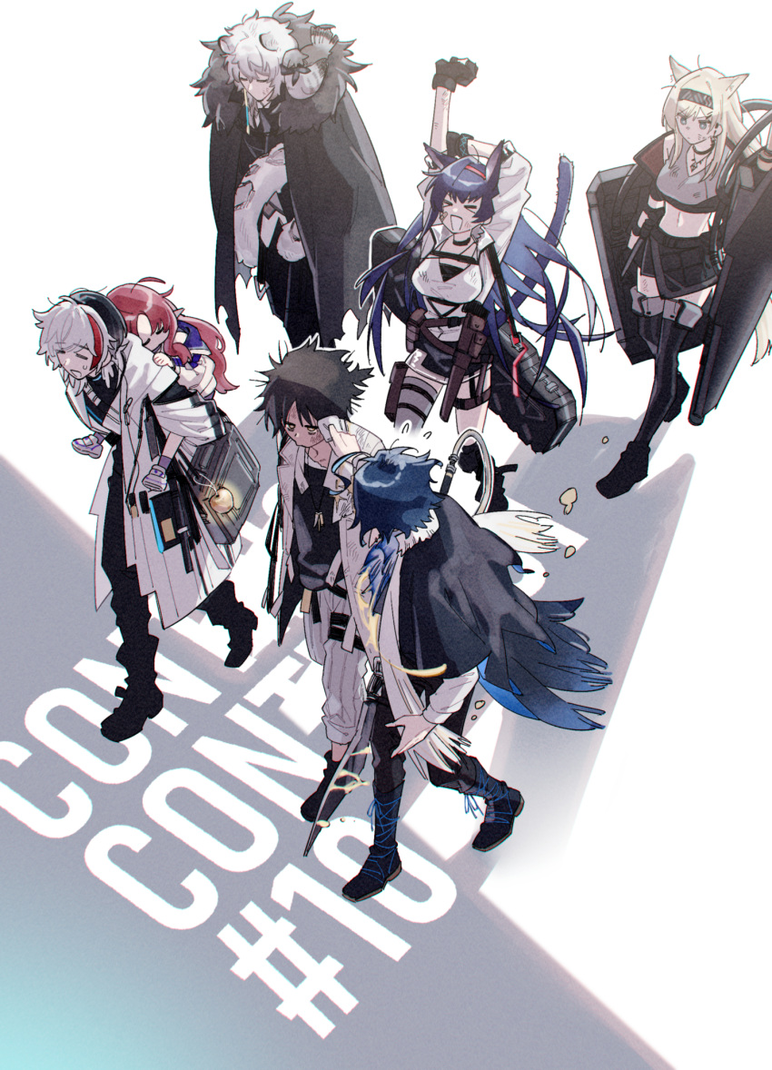 3girls 4boys animal_ears ant arknights arms_up bag bird black_hair blaze_(arknights) blonde_hair blue_hair bug cape carrying case cat_ears cat_girl cat_tail closed_eyes closed_mouth coat crop_top crow dark-skinned_male dark_skin dirty dirty_face elysium_(arknights) exhausted futaba_(futaba_uc) hairband highres horn_(arknights) long_hair lumen_(arknights) medium_hair multicolored_hair multiple_boys multiple_girls myrtle_(arknights) navel open_mouth piggyback pointy_ears redhead satchel shield shirt short_hair silverash_(arknights) single_thighhigh skirt sleepy staff stretching sweatdrop tail thigh-highs thorns_(arknights) tiger_boy tiger_ears tiger_tail walking white_hair wiping_face wolf_ears wolf_girl yellow_eyes
