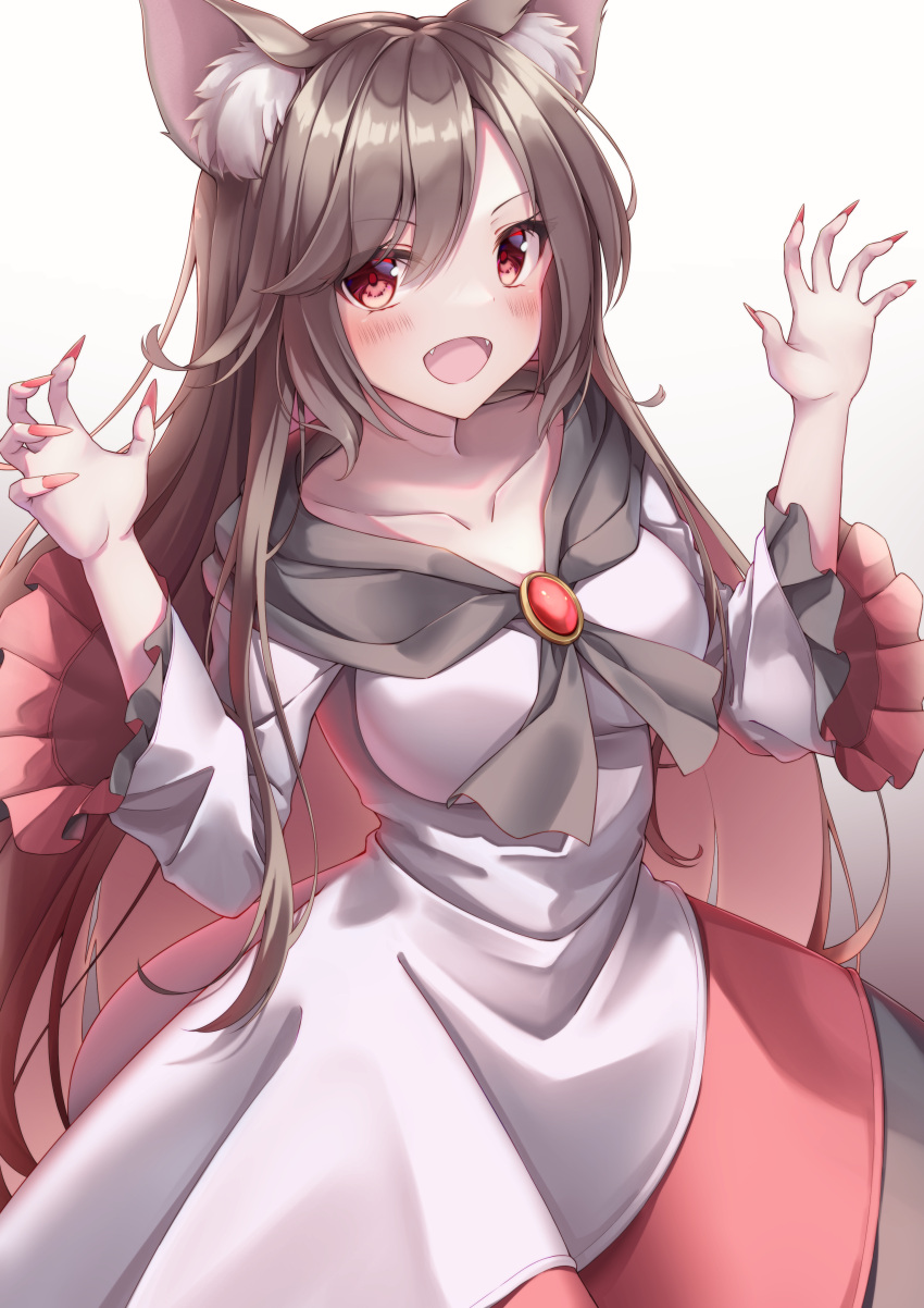 1girl absurdres animal_ears blush brown_hair collarbone dress fang fingernails frilled_sleeves frills highres imaizumi_kagerou long_fingernails long_hair messiah_&amp;_crea nail_polish open_mouth red_dress red_eyes red_nails sharp_fingernails smile solo tail touhou white_dress wide_sleeves wolf_ears wolf_tail