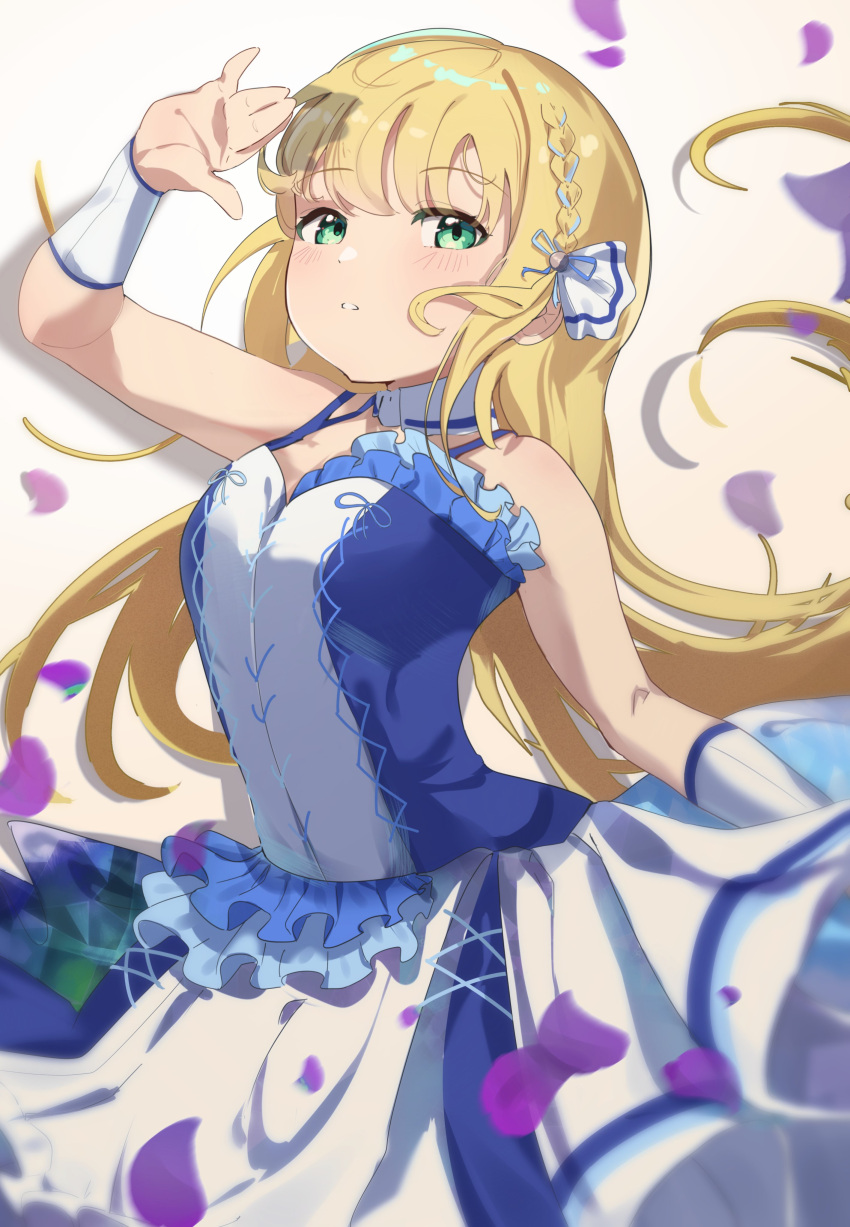1girl absurdres blonde_hair blue_dress blush borrowed_clothes braided_sidelock breasts cowboy_shot detached_collar dot_nose dress falling_petals flower green_eyes hair_ribbon hand_up highres ichinose_rei idoly_pride long_bangs long_hair looking_at_viewer medium_breasts ooho0216 parted_lips petals pleated_dress purple_flower raised_eyebrows ribbon shading_eyes simple_background sleeveless sleeveless_dress solo straight_hair teeth two-tone_dress white_background white_dress white_ribbon