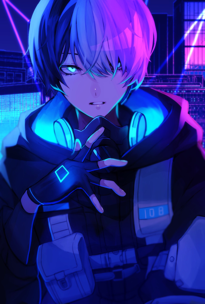 1boy aoyagi_touya black_gloves blue_eyes blue_hair close_game/offline_(project_sekai) commentary_request dark_blue_hair fingerless_gloves gloves hair_over_one_eye hand_up highres hood hood_down long_sleeves looking_at_viewer male_focus mask mask_removed multicolored_hair official_alternate_costume official_alternate_hairstyle one_eye_covered project_sekai snap-fit_buckle solo two-tone_hair upper_body user_kupa5548