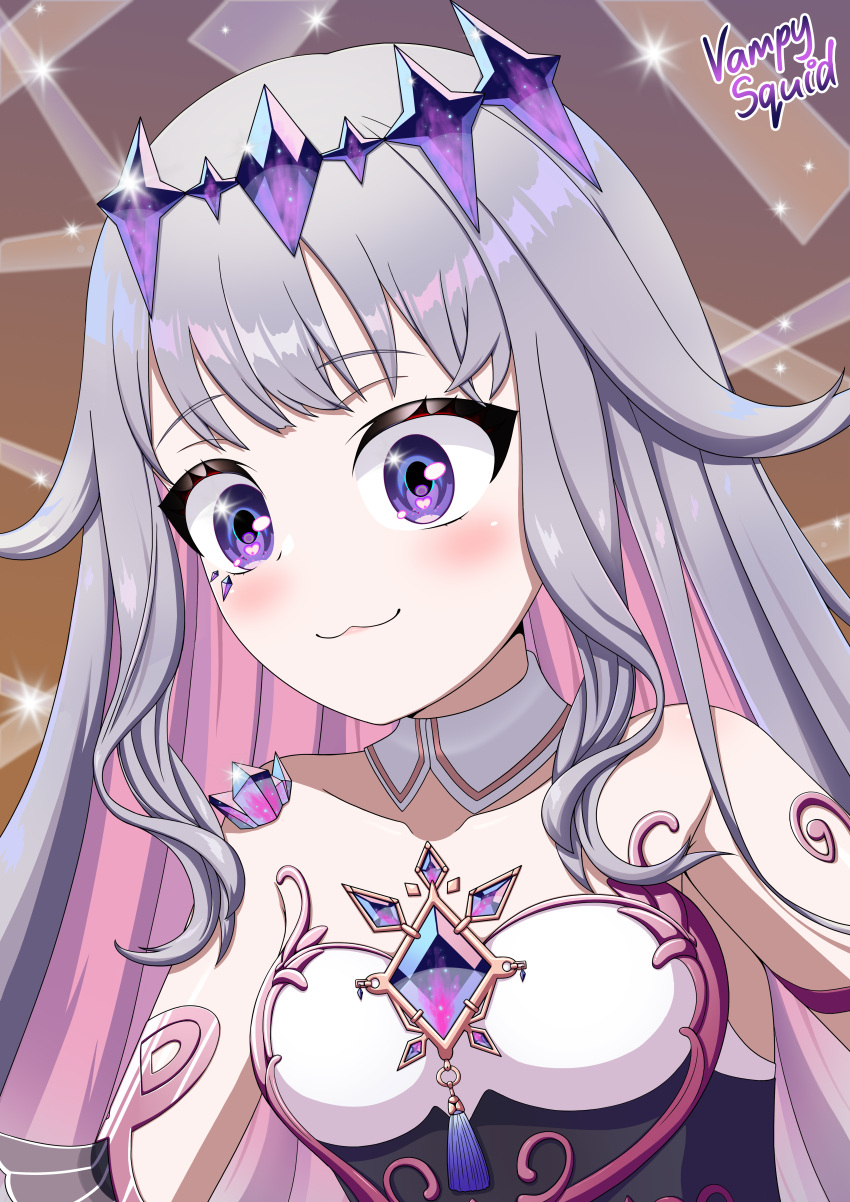 1girl absurdres collar crystal highres holoadvent hololive hololive_english koseki_bijou long_hair multicolored_hair non-web_source pink_armor pink_hair purple_hair self-upload sleeveless solo sparkle sparkle_background sparkling_eyes vampy_squid violet_eyes