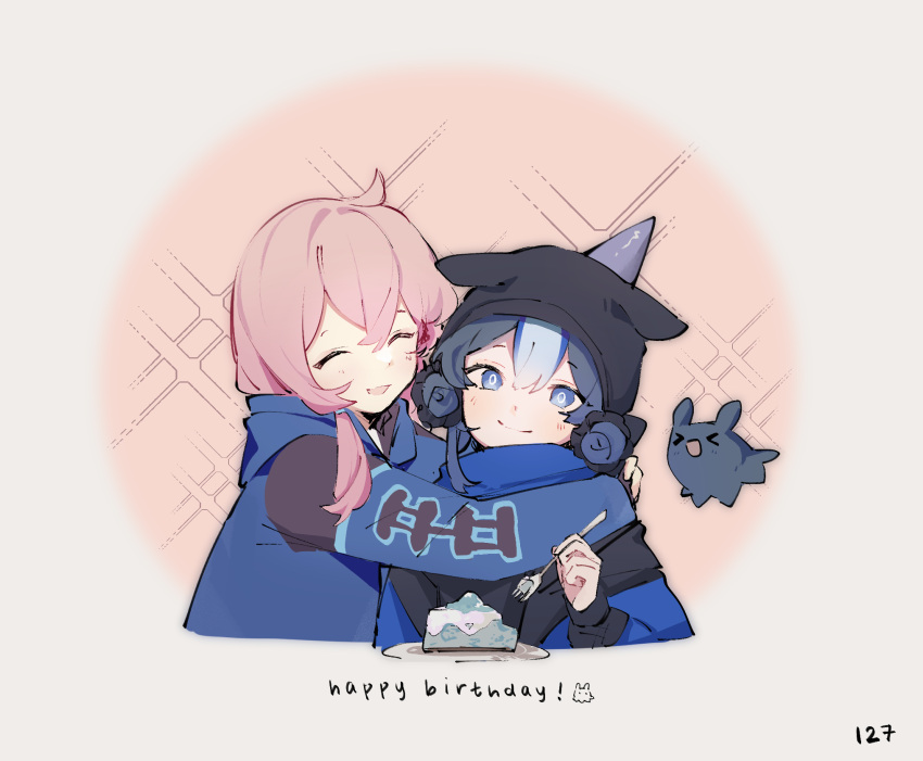 &gt;_&lt; 2girls :d ^_^ ahoge animal_ears animal_hood arknights blue_eyes blue_hair blue_jacket blue_poison_(arknights) cake cake_slice closed_eyes dailybloopy food fork glaucus_(arknights) happy happy_birthday highres holding holding_fork hood hug jacket long_hair long_sleeves looking_at_viewer low_twintails multicolored_hair multiple_girls numbered open_mouth pink_hair smile twintails upper_body yuri