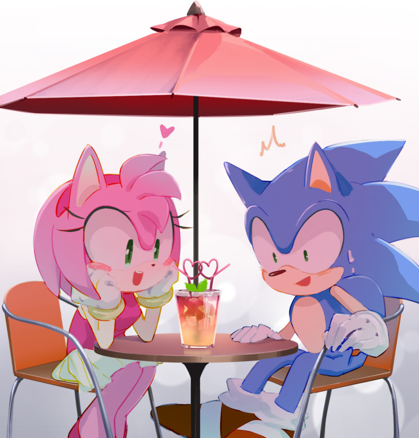 1boy 1girl alternate_costume amy_rose animal_ears animal_nose bare_shoulders blue_fur blush bracelet breasts chair drink drinking_straw eyelashes furry furry_female furry_male glass gloves gold_bracelet green_eyes hairband hands_on_own_face hands_up heart hedgehog hedgehog_ears hedgehog_girl hedgehog_tail highres ice jewelry leaf looking_down medium_breasts miniskirt msg01 open_mouth pink_footwear pink_fur pink_hairband pink_tank_top pleated_skirt red_footwear shoes simple_background sitting skirt smile sneakers socks sonic_(series) sonic_the_hedgehog sweat sweatdrop table tail tank_top teeth umbrella white_background white_gloves white_socks yellow_skirt