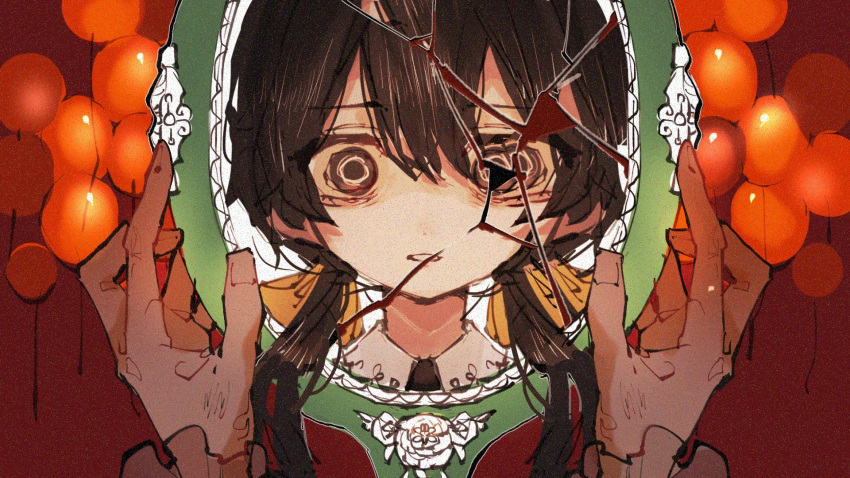 1girl apricot_(vocaloid) bags_under_eyes balloon black_eyes black_hair bow broken_mirror collared_shirt commentary film_grain frilled_sleeves frills furrowed_brow hair_bow hair_over_shoulder hand_mirror hands_up highres holding holding_mirror long_hair looking_at_viewer low_twintails mirror multicolored_eyes multiple_hair_bows parted_lips portrait pov pov_hands red_background reflection shirt solo through_mirror too_many_balloons twintails watanabe_(seizouhanbai) white_eyes wide-eyed yellow_bow