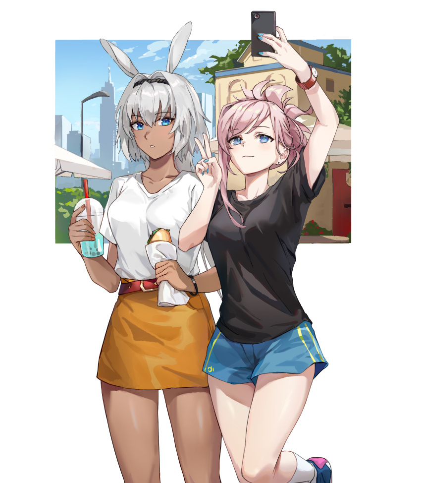 2girls absurdres alternate_costume animal_ears arm_up belt blue_eyes blue_nails blue_shirt blue_shorts breasts caenis_(fate) cellphone closed_mouth collarbone dark-skinned_female dark_skin drink english_commentary fate/grand_order fate_(series) feet_out_of_frame food hairband hand_up highres holding holding_drink holding_food holding_phone kuza_brs long_hair looking_at_viewer medium_breasts miyamoto_musashi_(fate) multiple_girls orange_skirt phone pink_hair ponytail red_belt selfie shirt shirt_tucked_in shoes short_sleeves shorts skirt smartphone smile socks standing standing_on_one_leg v watch watch white_hair white_shirt white_socks
