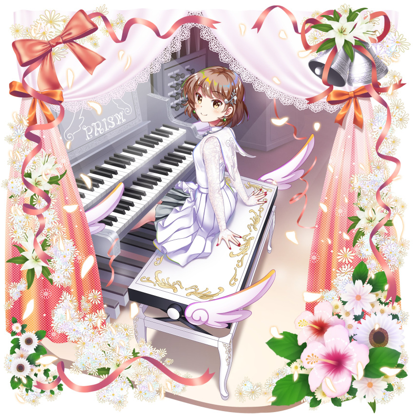 1girl absurdres alternate_costume bell brown_eyes brown_hair closed_mouth commentary curtains dress earrings english_commentary flower full_body hair_ornament highres instrument jewelry looking_at_viewer lyrica_prismriver lyrica_prismriver_(white_organist) musical_note musical_note_hair_ornament organ_(instrument) pendant pink_flower red_nails rotte_(1109) second-party_source short_hair sitting smile solo touhou touhou_lost_word white_dress white_flower