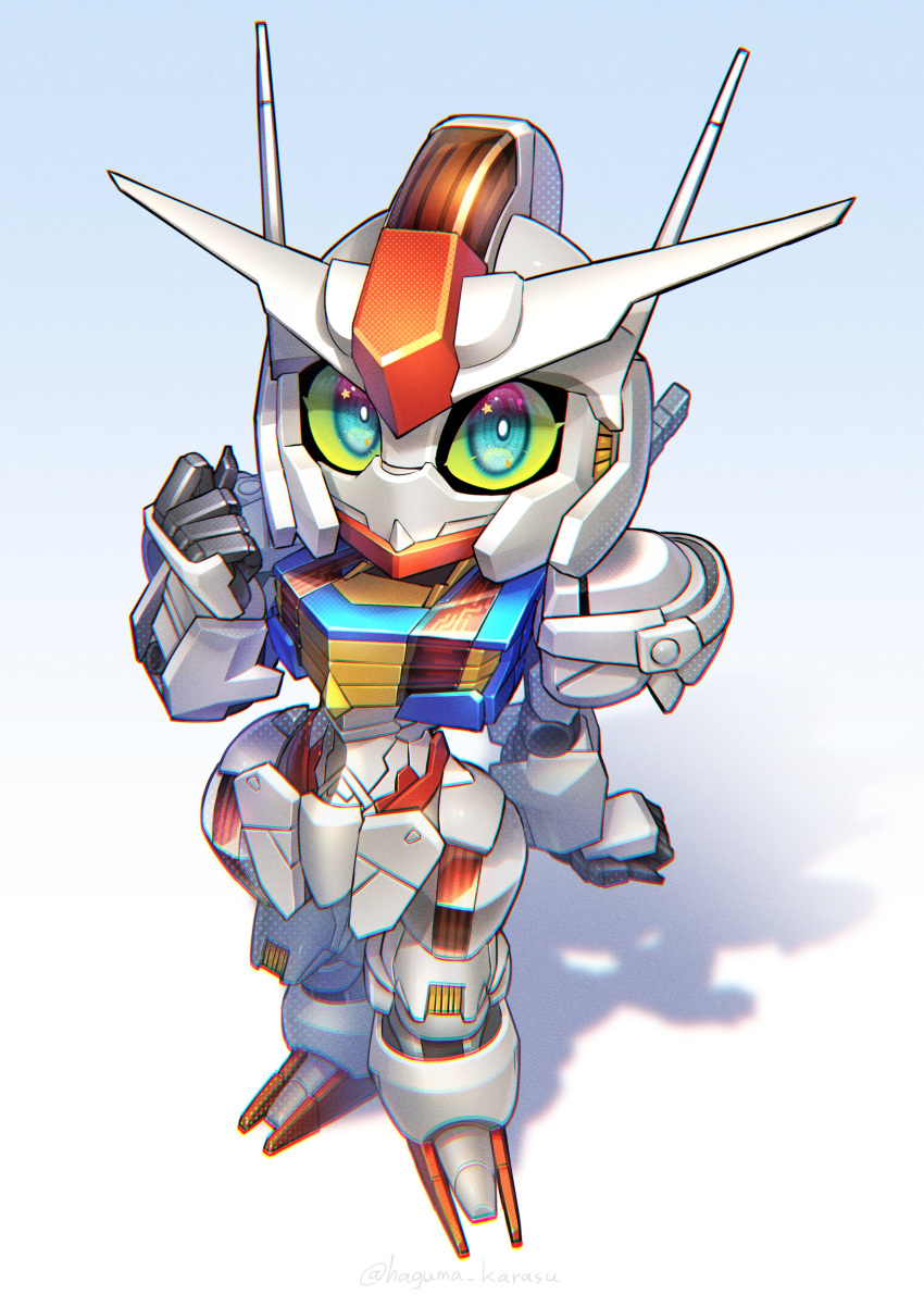 absurdres blue_eyes chibi clenched_hands commentary full_body gradient_background gundam gundam_aerial gundam_suisei_no_majo hand_up highres kinako_(karasu_nomaru) looking_at_viewer mecha mobile_suit no_humans robot science_fiction sd_gundam shadow solo standing star_(symbol) twitter_username v-fin