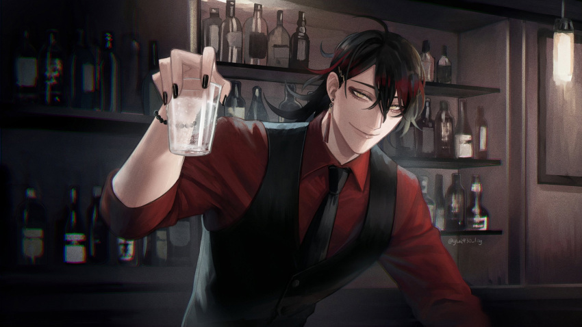 1boy bartender bead_bracelet beads black_hair black_nails black_necktie black_vest bottle bracelet chromatic_aberration collared_shirt commentary cup earrings eyebrows_hidden_by_hair eyeliner glass hair_between_eyes highres holding holding_cup jewelry makeup male_focus multicolored_hair necktie nijisanji nijisanji_en red_shirt redhead shirt sleeves_rolled_up smile solo streaked_hair twitter_username two-tone_hair upper_body vest virtual_youtuber vox_akuma yellow_eyes yui930