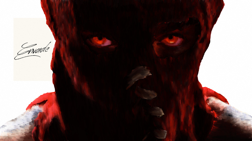 1boy brightburn brightburn_(character) commentary covered_face english_commentary envadeart eye_socket glowing glowing_eyes highres lace looking_at_viewer mask red_eyes red_mask signature simple_background staring supervillian white_background