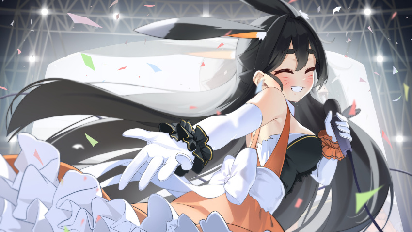 1girl absurdres animal_ear_fluff animal_ears armpit_peek bare_shoulders black_hair black_scrunchie blurry blurry_background blush bow breasts closed_eyes commentary confetti dress elbow_gloves facial_mark facing_viewer frilled_dress frills from_side gloves grin hair_between_eyes highres holding holding_microphone kimyo large_breasts long_hair looking_to_the_side microphone music orange_scrunchie original outstretched_arm outstretched_hand rabbit_ears screen scrunchie singing smile solo stage stage_lights sweat teeth virtual_youtuber white_bow white_gloves wrist_scrunchie