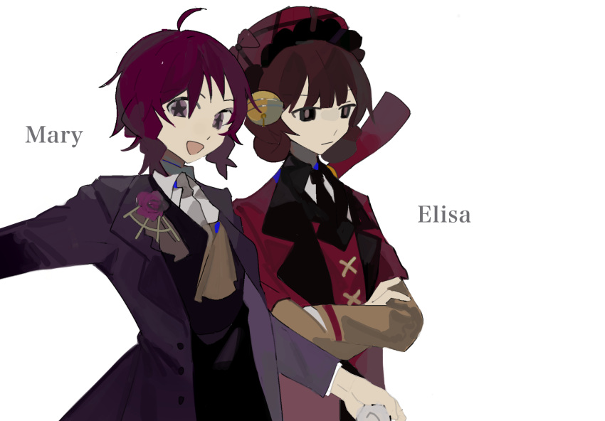 2girls ahoge bell black_collar black_necktie black_vest bow braid brown_eyes brown_hair brown_neckerchief brown_sleeves buttons character_name chinese_commentary closed_mouth coat collar collared_coat collared_shirt commentary_request cross-laced_jacket crossed_arms double_bun e.g.o_(project_moon) employee_(lobotomy_corporation) english_text flower flower_brooch frilled_hat frills frown hair_bun hat hat_bow highres jacket jingle_bell layered_sleeves lobotomy_corporation long_sleeves looking_ahead looking_at_viewer multiple_girls neckerchief necktie open_clothes open_coat open_mouth outstretched_arm pink_bow pink_coat pink_headwear pink_jacket plaid_headwear project_moon purple_coat purple_hair rose shirt short_hair short_over_long_sleeves short_sleeves smile star_(symbol) star_in_eye symbol_in_eye twin_braids upper_body vest violet_eyes white_background white_necktie white_shirt youshiyu