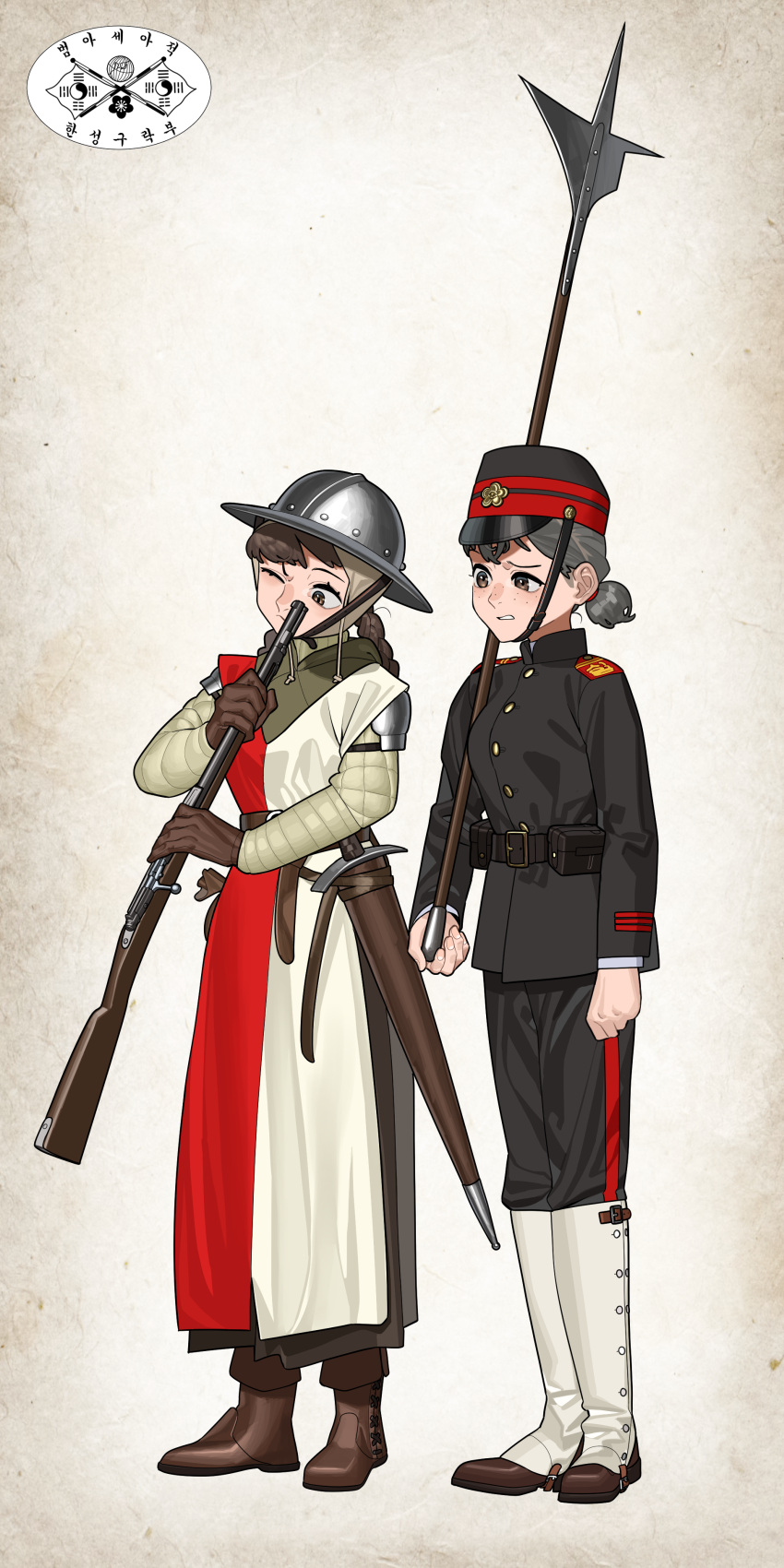 2girls absurdres armor belt belt_pouch black_belt black_coat black_pants borrowed_character braid brown_eyes brown_footwear brown_gloves brown_hair coat epaulettes flag freckles full_body gambeson gloves grey_hair hat highres holding holding_polearm holding_weapon kettle_helm military military_hat military_uniform multiple_girls one_eye_closed ordo_mediare_sisters_(ironlily) original pants polearm pouch pzkpfwi rose_of_sharon scabbard sheath shoulder_armor single_braid single_braid_sister_(ironlily) sword uniform weapon yin_yang