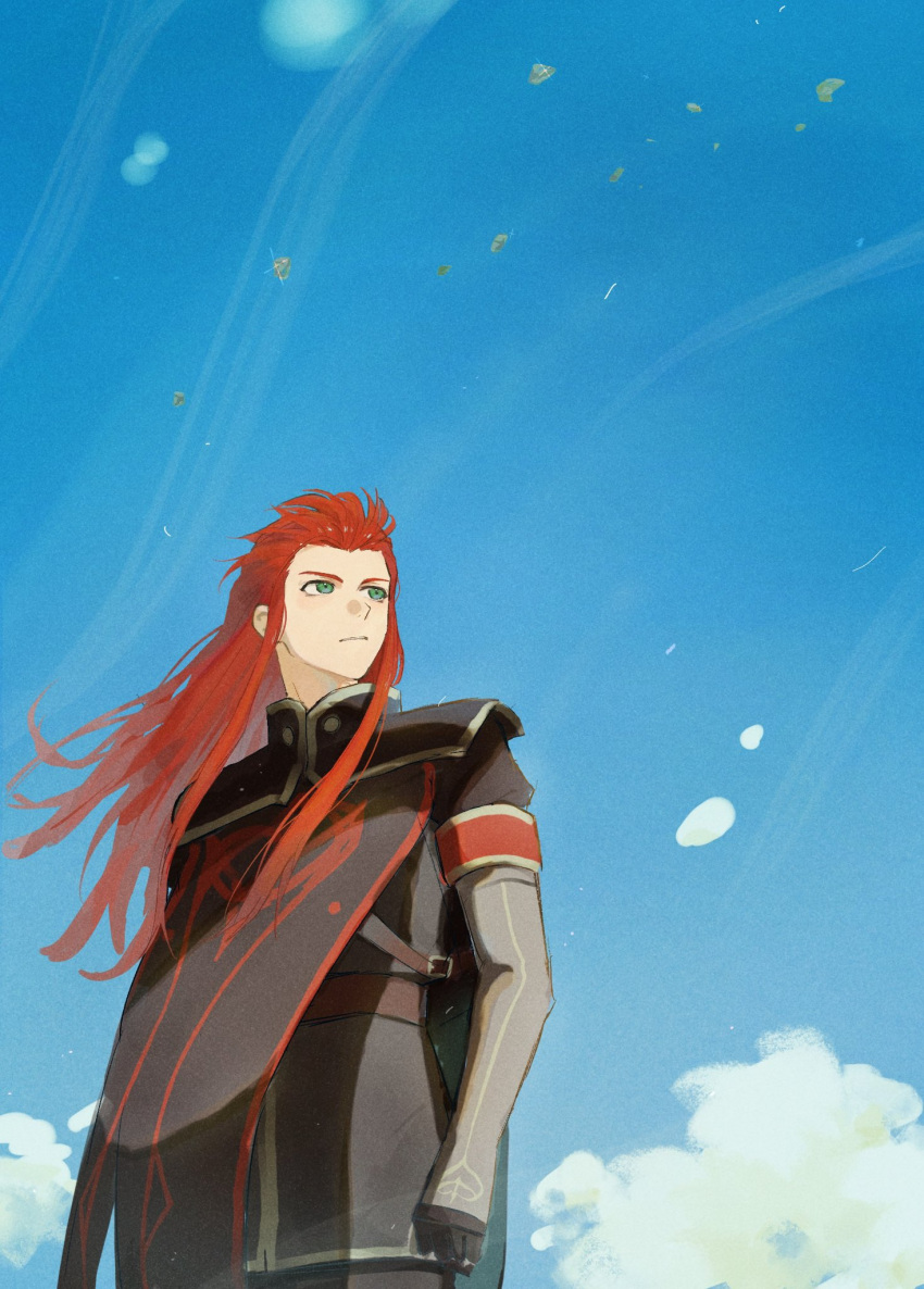 1boy asch_(tales) belt black_gloves black_jacket blue_sky closed_mouth clouds cloudy_sky commentary_request cowboy_shot day gloves green_eyes hair_behind_ear hair_pulled_back high_collar highres jacket long_hair long_sleeves looking_to_the_side looking_up male_focus meba military_uniform outdoors redhead shoulder_pads sidelocks sky solo tabard tales_of_(series) tales_of_the_abyss uniform