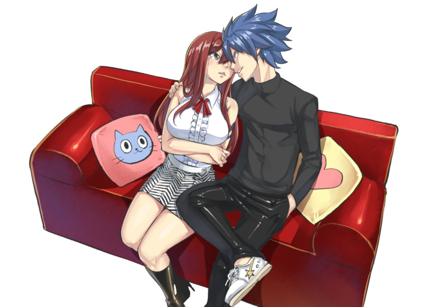 1boy 1girl arm_tattoo black_shirt black_skirt blue_eyes blue_hair boots breasts brown_eyes collared_shirt couch crossed_arms erza_scarlet fairy_tail hand_in_pocket hetero high_heels highres jellal_fernandes large_breasts long_hair long_sleeves looking_at_another mashima_hiro multicolored_clothes multicolored_skirt on_couch pants pillow redhead shirt shoes short_hair sitting skirt sleeveless sneakers spiky_hair striped striped_skirt tattoo white_skirt
