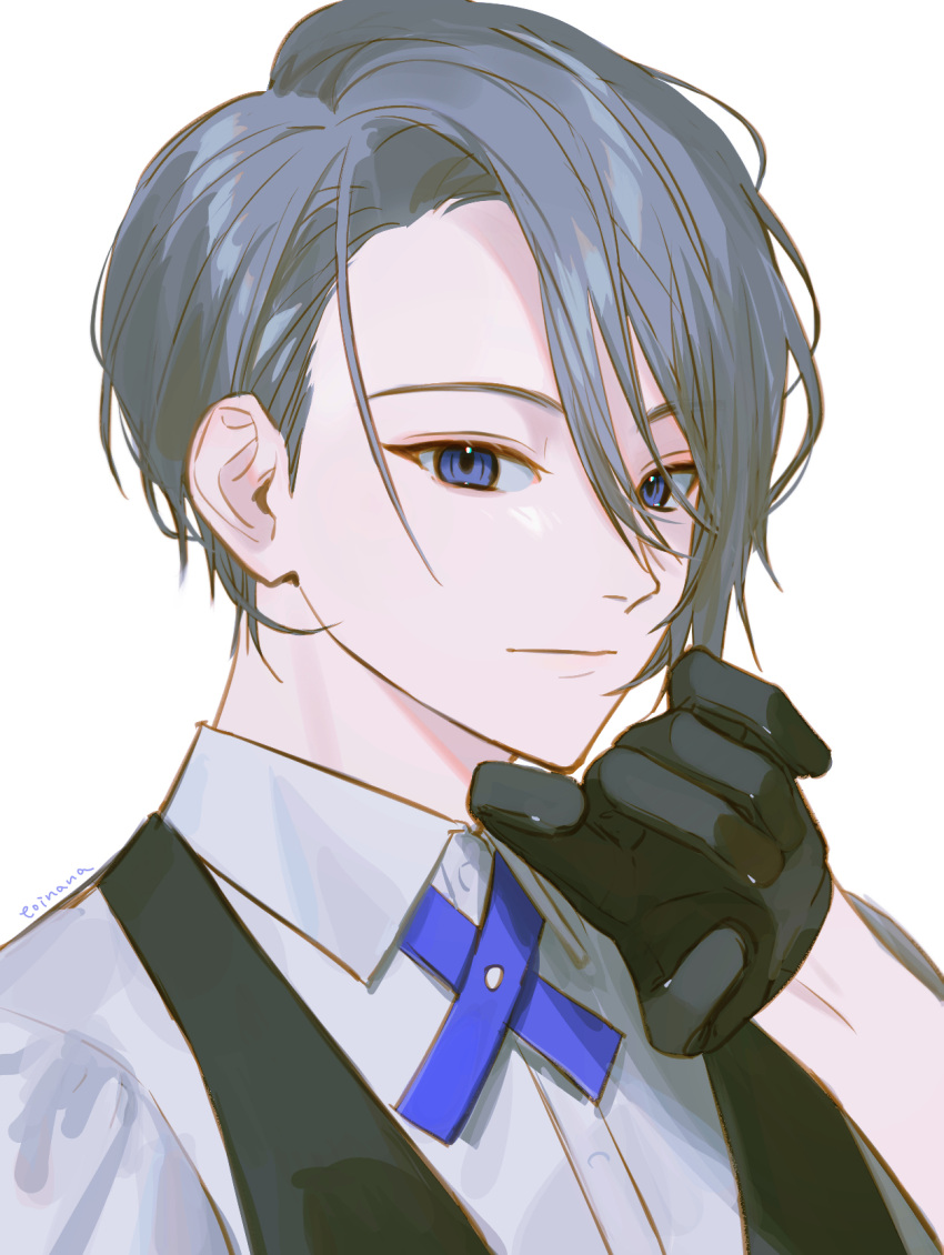 1boy black_gloves black_vest blue_eyes closed_mouth collared_shirt cross_tie expressionless gloves grey_hair hair_behind_ear hair_between_eyes hand_to_own_mouth hand_up highres looking_at_viewer male_focus shirt short_hair simple_background solo swept_bangs toinana touken_ranbu upper_body vest white_background white_shirt yamanbagiri_chougi