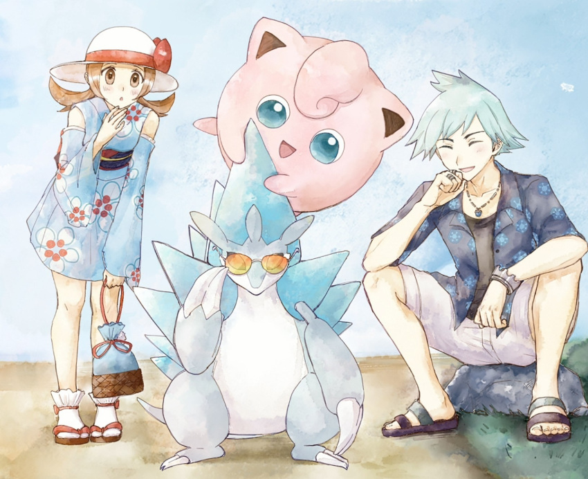 1boy 1girl alolan_sandslash asuka_rkgk blue_kimono blush bracelet brown_eyes brown_hair claws closed_eyes collared_shirt commentary_request day detached_sleeves grass hand_up hat highres holding japanese_clothes jewelry jigglypuff kimono long_hair lyra_(pokemon) lyra_(summer_2020)_(pokemon) necklace official_alternate_costume open_mouth outdoors parted_lips pokemon pokemon_(creature) pokemon_(game) pokemon_masters_ex pouch ring rock sandals shirt short_hair shorts sitting smile socks spiky_hair steven_stone steven_stone_(summer_2020) sunglasses toes twintails undershirt white_headwear white_socks yukata