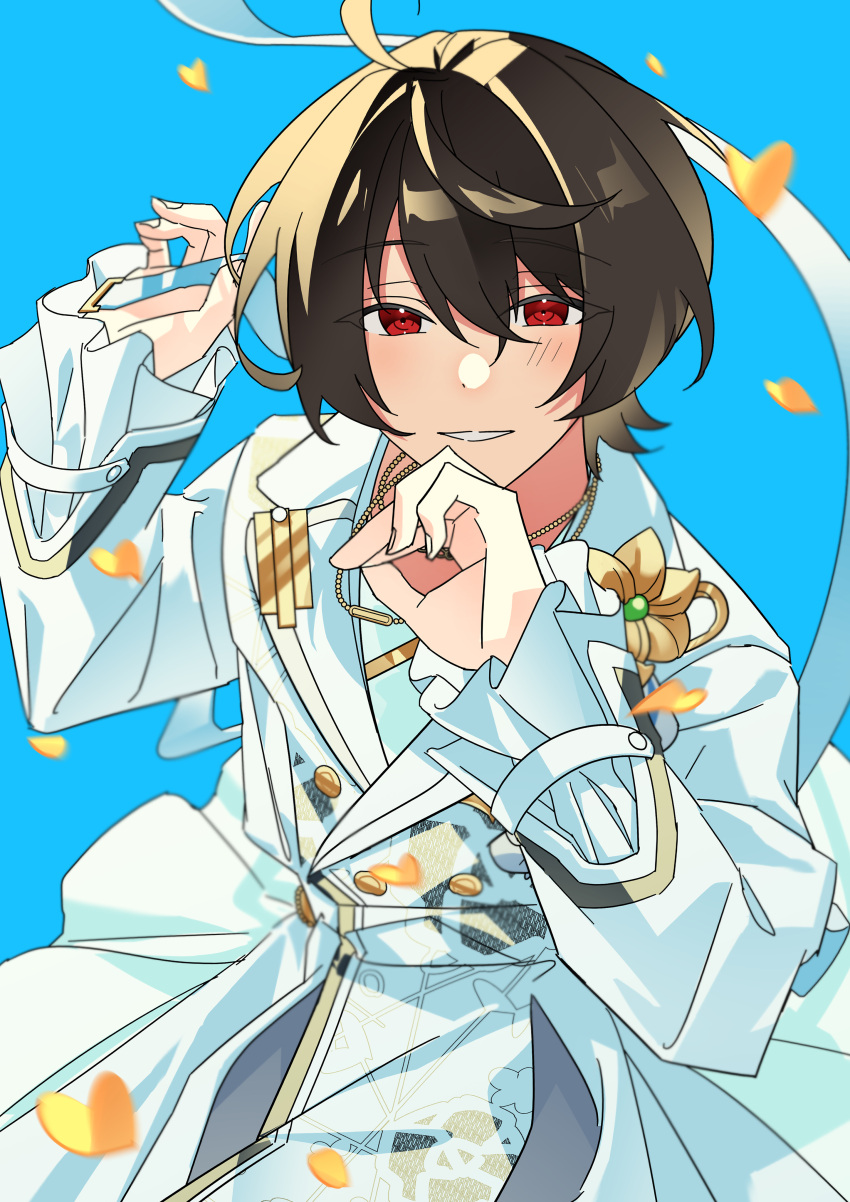 1boy absurdres black_hair blue_background blush buttons commentary dot_nose ensemble_stars! fingernails flower gold_necklace heidbd highres jewelry lapels long_sleeves looking_at_viewer male_focus necklace notched_lapels red_eyes sakuma_ritsu short_hair solo