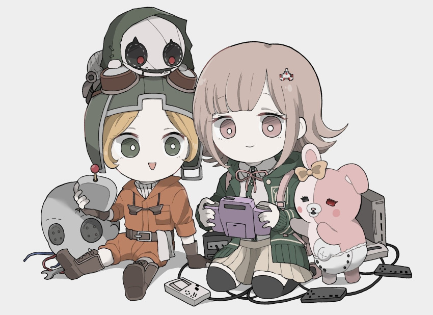 1girl :d arm_support belt black_belt black_thighhighs blonde_hair bow brown_footwear brown_skirt buttons character_request collared_shirt copyright_request danganronpa_(series) danganronpa_2:_goodbye_despair diaper dress_shirt ear_bow emuaitu_1733 galaga game_boy game_console goggles goggles_on_headwear grey_background hair_ornament handheld_game_console highres holding holding_handheld_game_console jacket miniskirt monomi_(danganronpa) nanami_chiaki neck_ribbon open_clothes open_jacket open_mouth orange_bow pink_eyes pink_ribbon playing_games pleated_skirt ribbon shirt shirt_tucked_in short_hair simple_background sitting skirt smile thigh-highs wariza